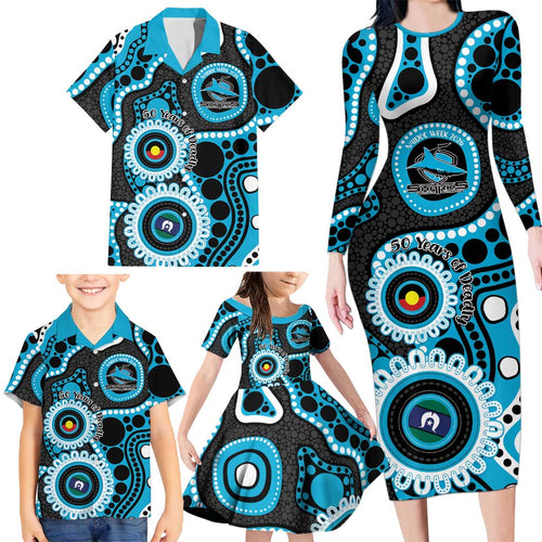 Sharks NAIDOC Week 2026 Personalised Family Matching Long Sleeve Bodycon Dress and Hawaiian Shirt 50 Years of Deadly Aboriginal Art