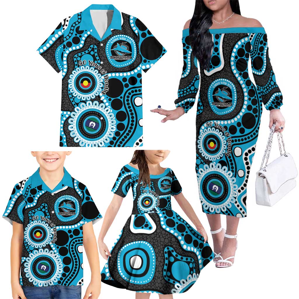 Sharks NAIDOC Week 2026 Personalised Family Matching Off The Shoulder Long Sleeve Dress and Hawaiian Shirt 50 Years of Deadly Aboriginal Art
