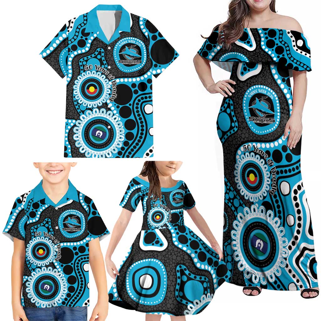 Sharks NAIDOC Week 2026 Personalised Family Matching Off Shoulder Maxi Dress and Hawaiian Shirt 50 Years of Deadly Aboriginal Art