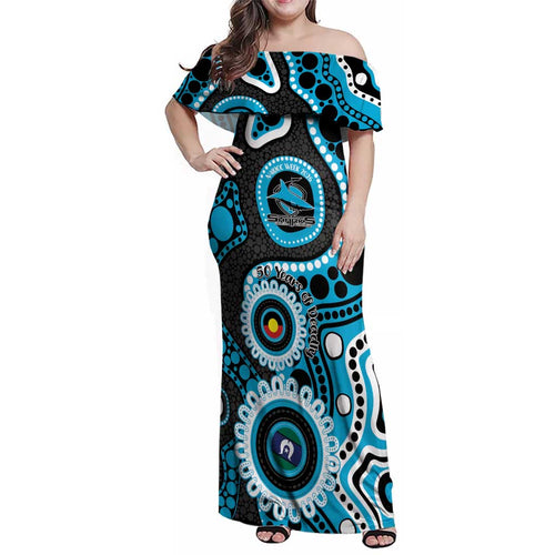 Sharks NAIDOC Week 2026 Personalised Family Matching Off Shoulder Maxi Dress and Hawaiian Shirt 50 Years of Deadly Aboriginal Art