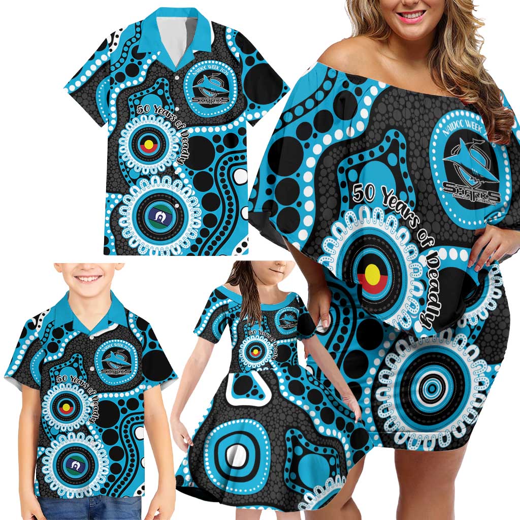 Sharks NAIDOC Week 2026 Personalised Family Matching Off Shoulder Short Dress and Hawaiian Shirt 50 Years of Deadly Aboriginal Art