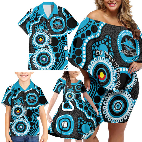 Sharks NAIDOC Week 2026 Personalised Family Matching Off Shoulder Short Dress and Hawaiian Shirt 50 Years of Deadly Aboriginal Art
