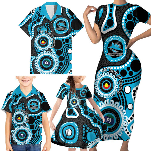 Sharks NAIDOC Week 2026 Personalised Family Matching Short Sleeve Bodycon Dress and Hawaiian Shirt 50 Years of Deadly Aboriginal Art