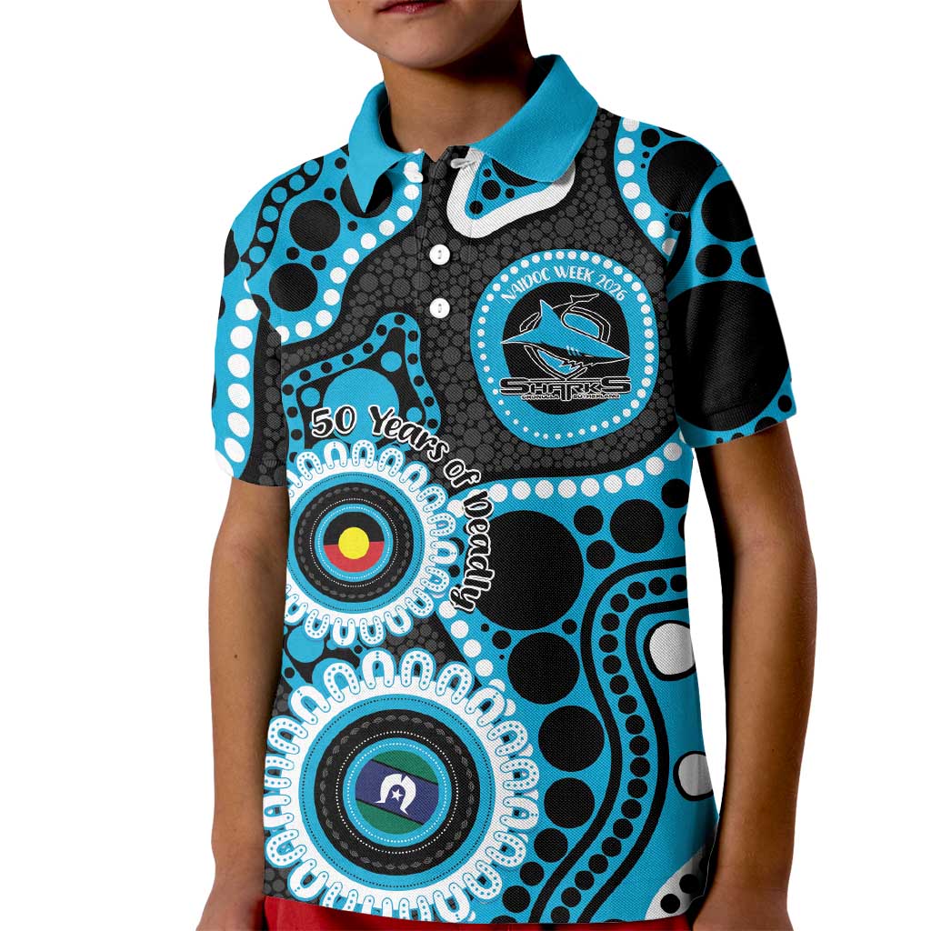 Sharks NAIDOC Week 2026 Personalised Kid Polo Shirt 50 Years of Deadly Aboriginal Art