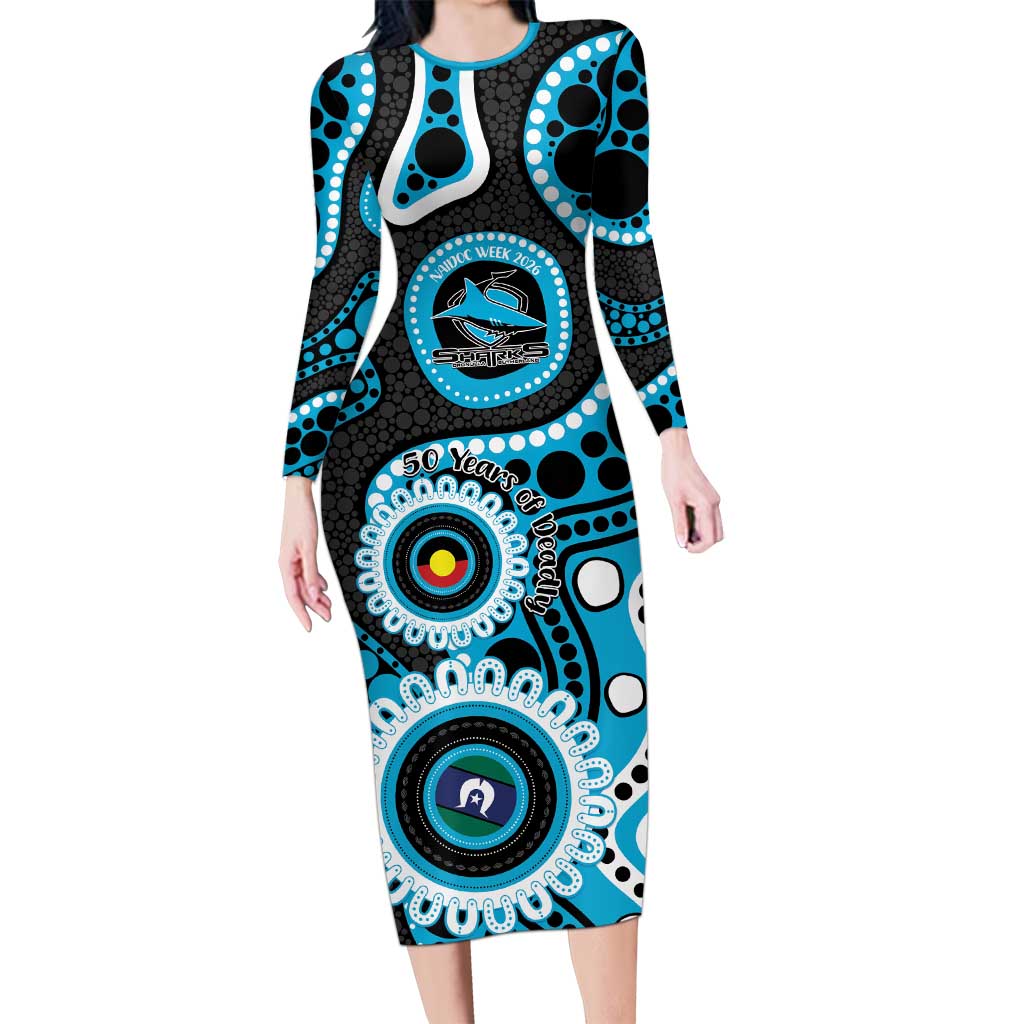 Sharks NAIDOC Week 2026 Personalised Long Sleeve Bodycon Dress 50 Years of Deadly Aboriginal Art