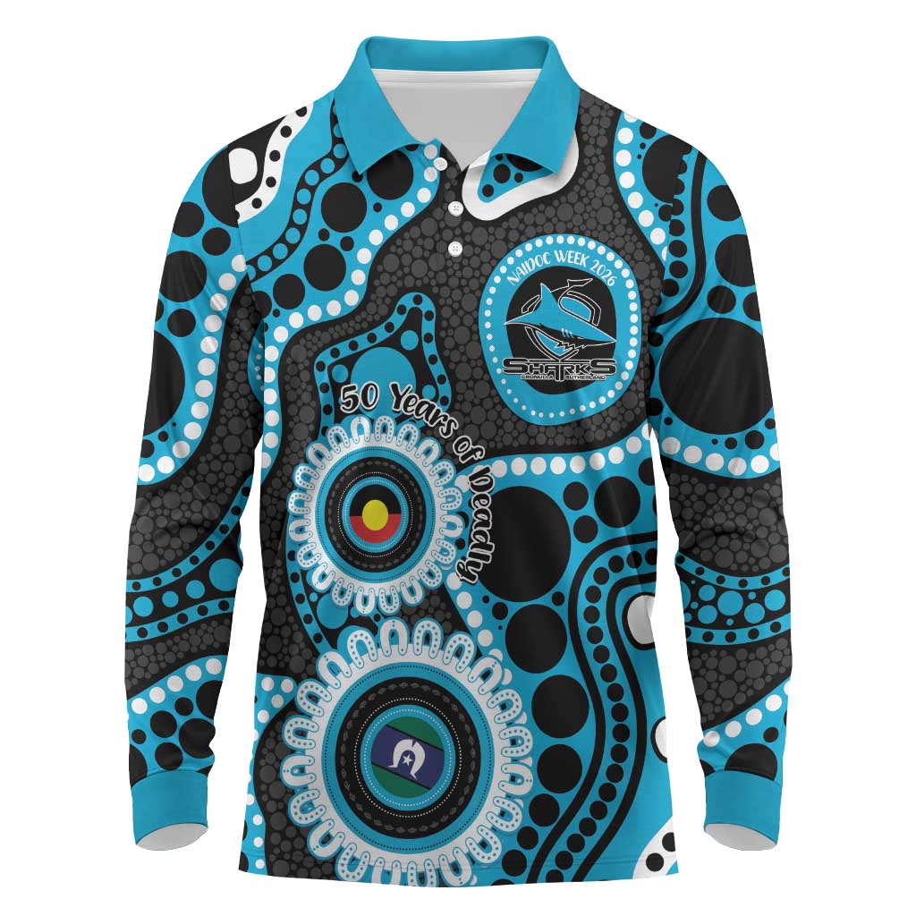 Sharks NAIDOC Week 2026 Personalised Long Sleeve Polo Shirt 50 Years of Deadly Aboriginal Art