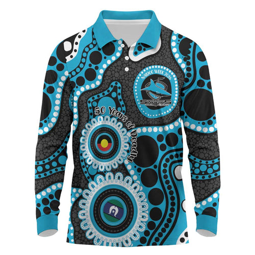 Sharks NAIDOC Week 2026 Personalised Long Sleeve Polo Shirt 50 Years of Deadly Aboriginal Art