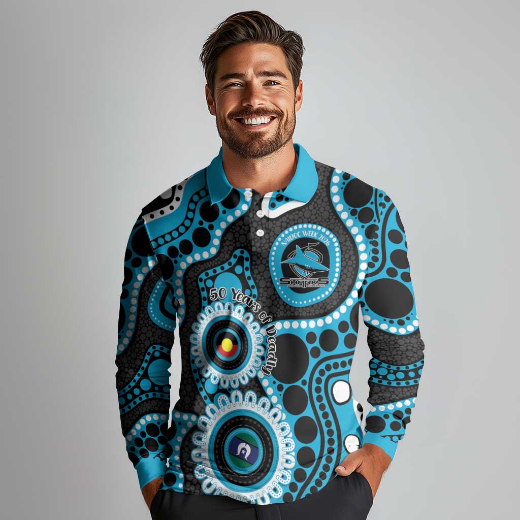 Sharks NAIDOC Week 2026 Personalised Long Sleeve Polo Shirt 50 Years of Deadly Aboriginal Art