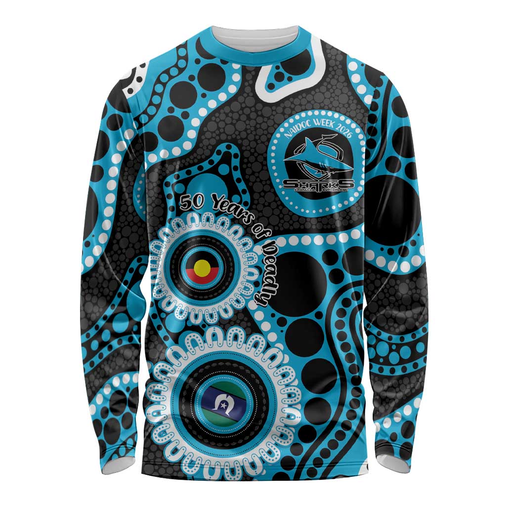 Sharks NAIDOC Week 2026 Personalised Long Sleeve Shirt 50 Years of Deadly Aboriginal Art