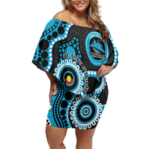 Sharks NAIDOC Week 2026 Personalised Off Shoulder Short Dress 50 Years of Deadly Aboriginal Art