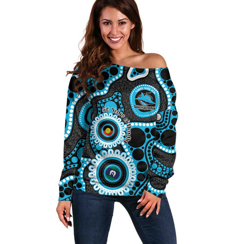 Sharks NAIDOC Week 2026 Personalised Off Shoulder Sweater 50 Years of Deadly Aboriginal Art