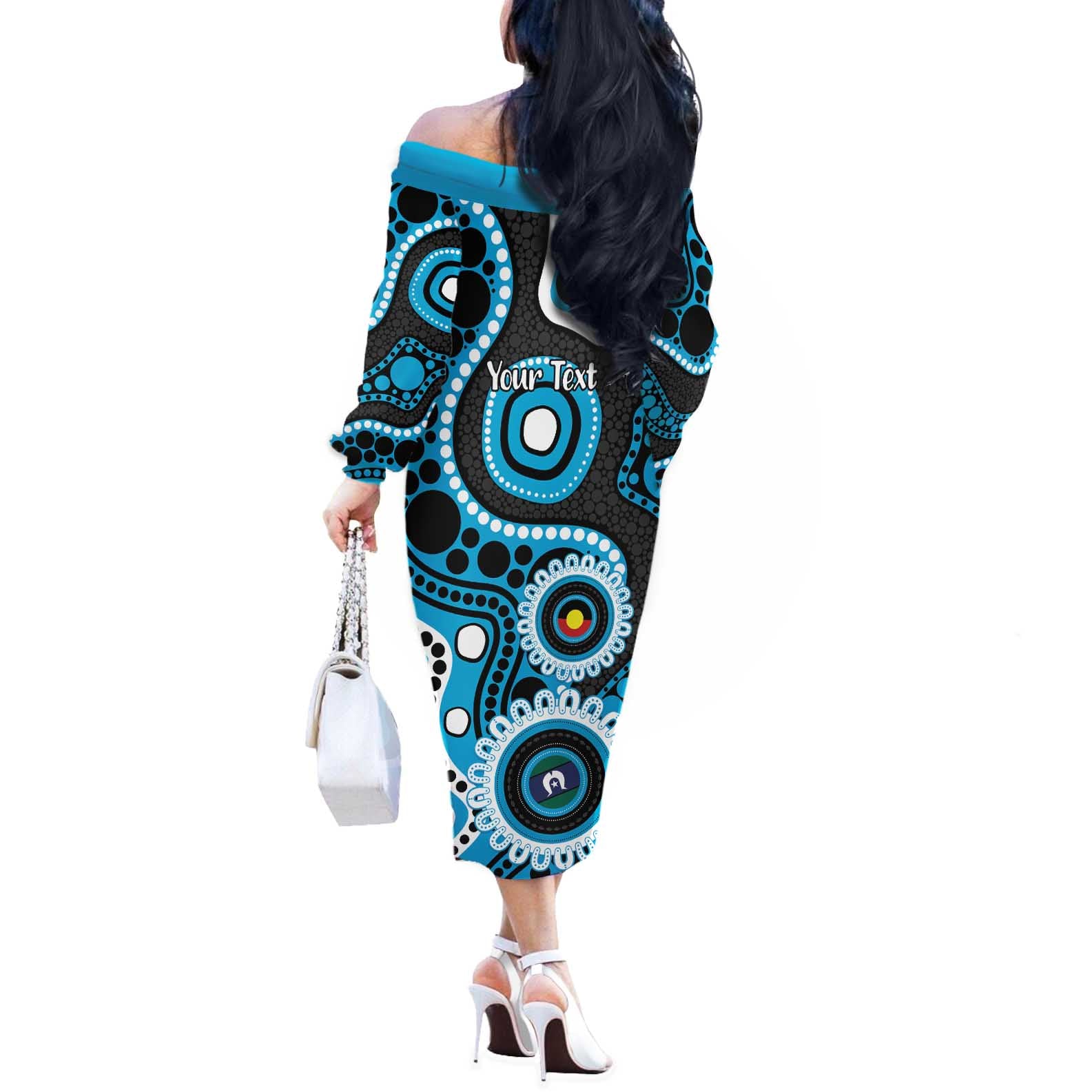 Sharks NAIDOC Week 2026 Personalised Off The Shoulder Long Sleeve Dress 50 Years of Deadly Aboriginal Art