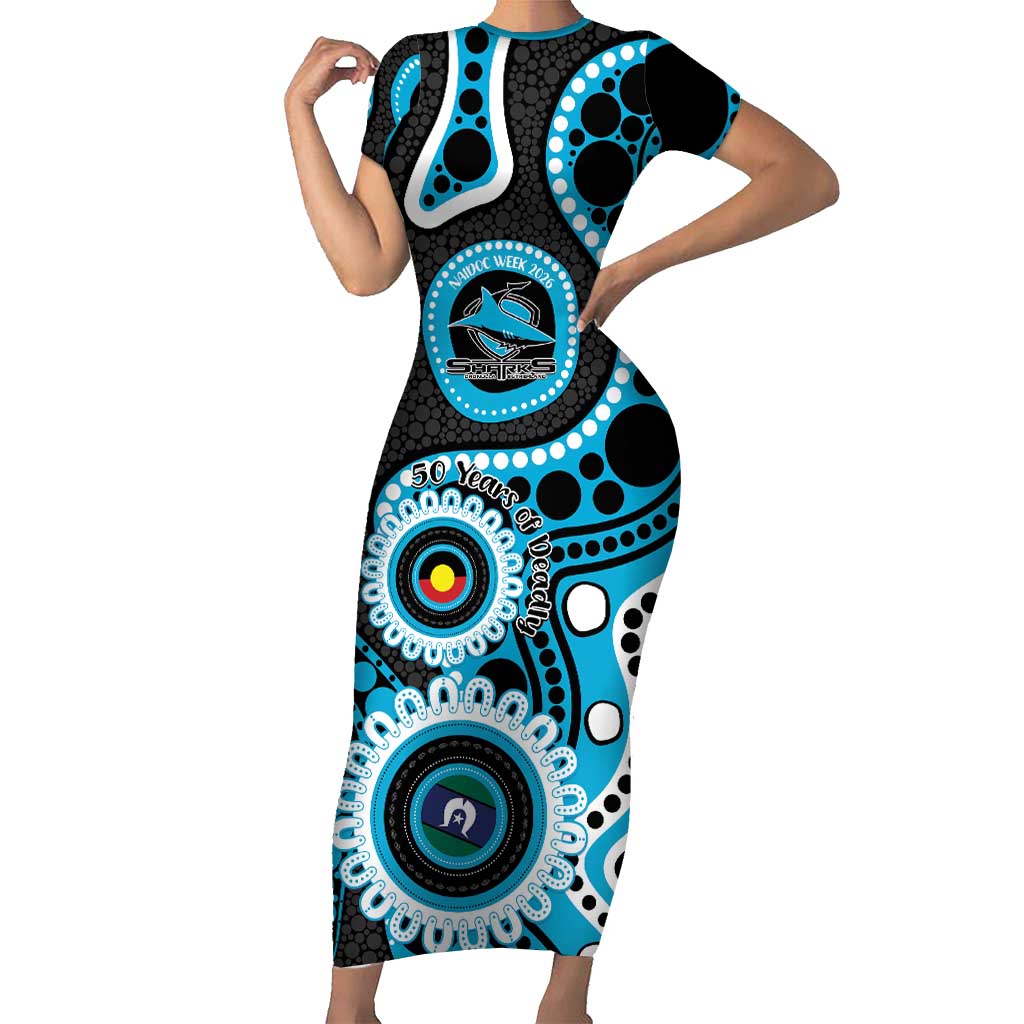 Sharks NAIDOC Week 2026 Personalised Short Sleeve Bodycon Dress 50 Years of Deadly Aboriginal Art