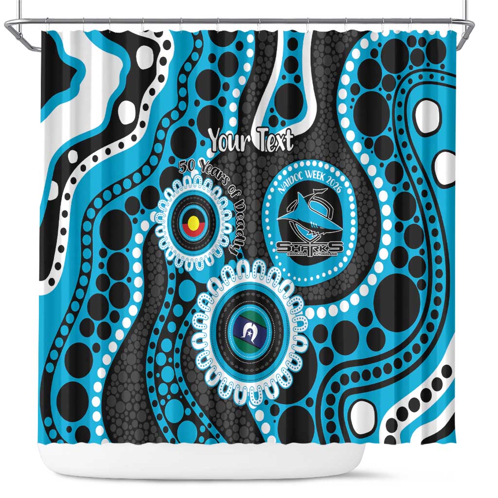 Sharks NAIDOC Week 2026 Personalised Shower Curtain 50 Years of Deadly Aboriginal Art