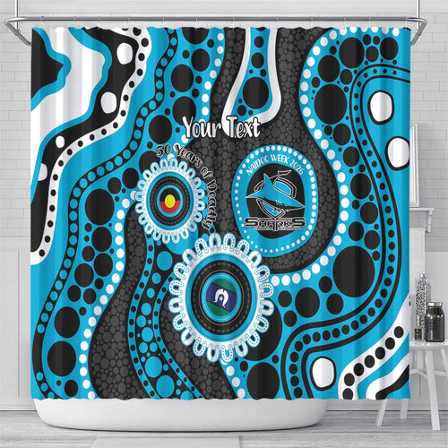 Sharks NAIDOC Week 2026 Personalised Shower Curtain 50 Years of Deadly Aboriginal Art