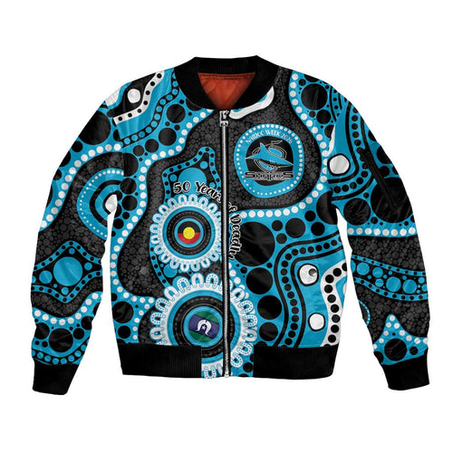 Sharks NAIDOC Week 2026 Personalised Sleeve Zip Bomber Jacket 50 Years of Deadly Aboriginal Art