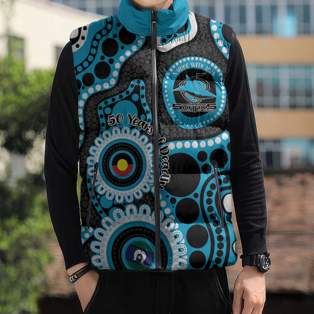 Sharks NAIDOC Week 2026 Personalised Sleeveless Puffer Jacket 50 Years of Deadly Aboriginal Art
