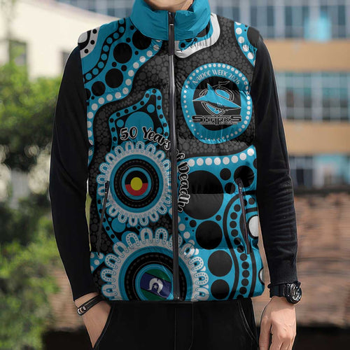 Sharks NAIDOC Week 2026 Personalised Sleeveless Puffer Jacket 50 Years of Deadly Aboriginal Art