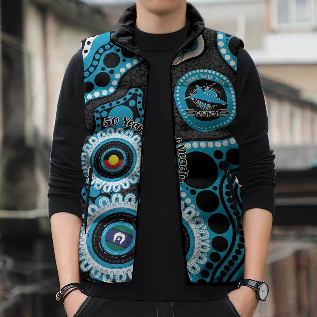 Sharks NAIDOC Week 2026 Personalised Sleeveless Puffer Jacket 50 Years of Deadly Aboriginal Art