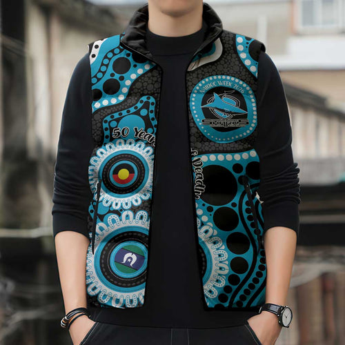 Sharks NAIDOC Week 2026 Personalised Sleeveless Puffer Jacket 50 Years of Deadly Aboriginal Art