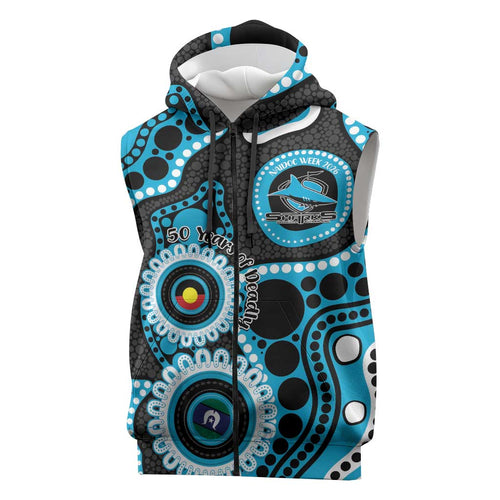 Sharks NAIDOC Week 2026 Personalised Sleeveless Zip Hoodie 50 Years of Deadly Aboriginal Art