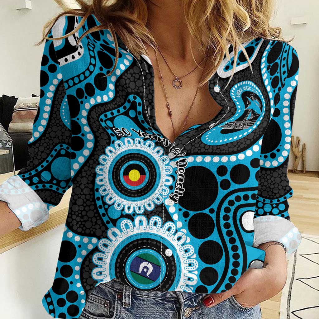 Sharks NAIDOC Week 2026 Personalised Women Casual Shirt 50 Years of Deadly Aboriginal Art