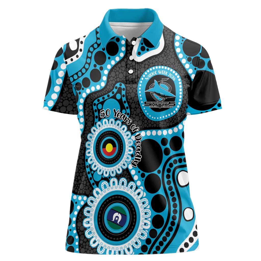 Sharks NAIDOC Week 2026 Personalised Women Polo Shirt 50 Years of Deadly Aboriginal Art