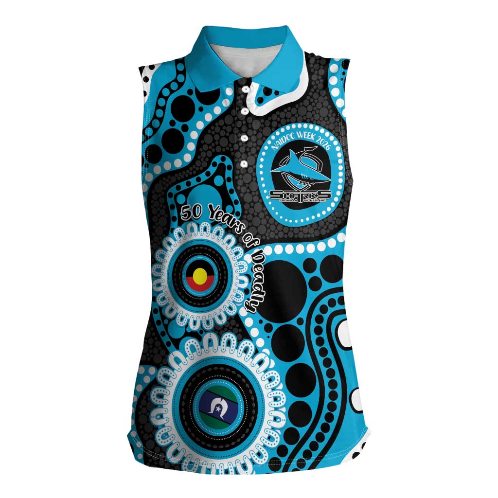 Sharks NAIDOC Week 2026 Personalised Women Sleeveless Polo Shirt 50 Years of Deadly Aboriginal Art