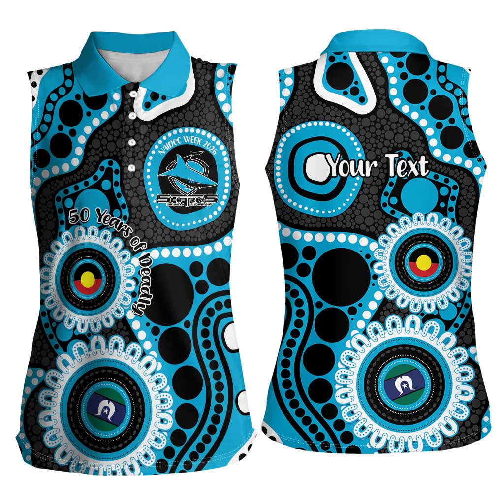Sharks NAIDOC Week 2026 Personalised Women Sleeveless Polo Shirt 50 Years of Deadly Aboriginal Art