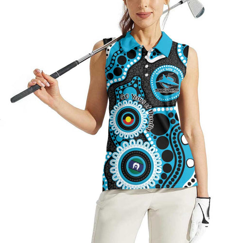 Sharks NAIDOC Week 2026 Personalised Women Sleeveless Polo Shirt 50 Years of Deadly Aboriginal Art
