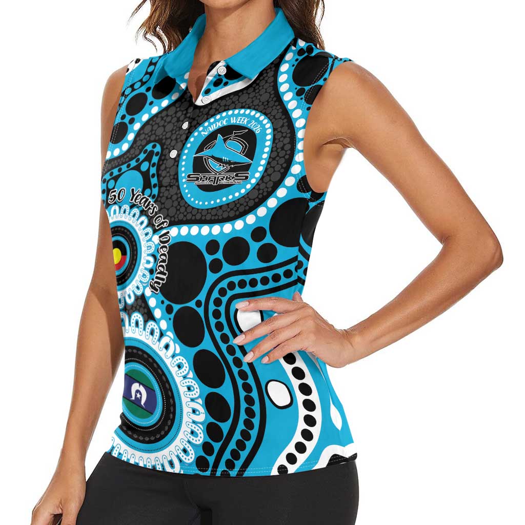 Sharks NAIDOC Week 2026 Personalised Women Sleeveless Polo Shirt 50 Years of Deadly Aboriginal Art