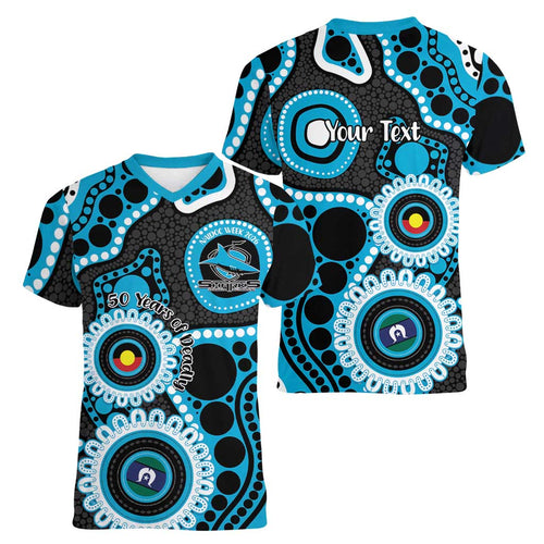 Sharks NAIDOC Week 2026 Personalised Women V-Neck T-Shirt 50 Years of Deadly Aboriginal Art