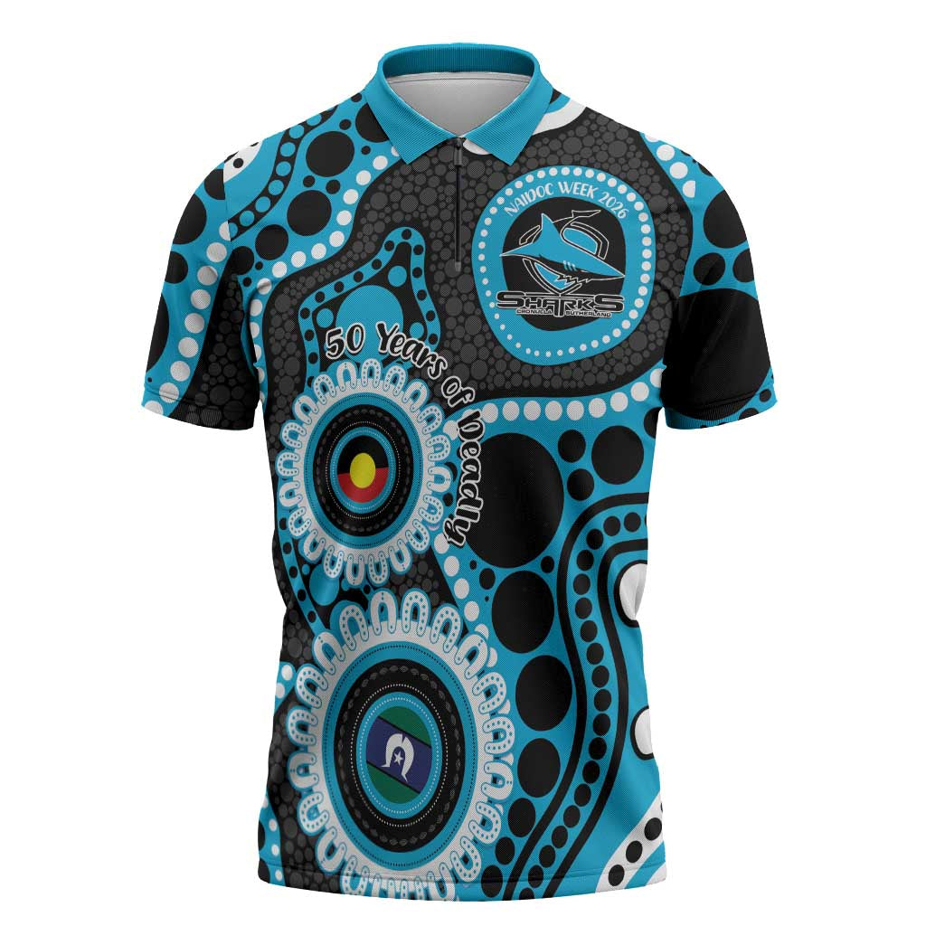 Sharks NAIDOC Week 2026 Personalised Zipper Polo Shirt 50 Years of Deadly Aboriginal Art
