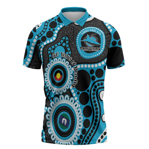 Sharks NAIDOC Week 2026 Personalised Zipper Polo Shirt 50 Years of Deadly Aboriginal Art