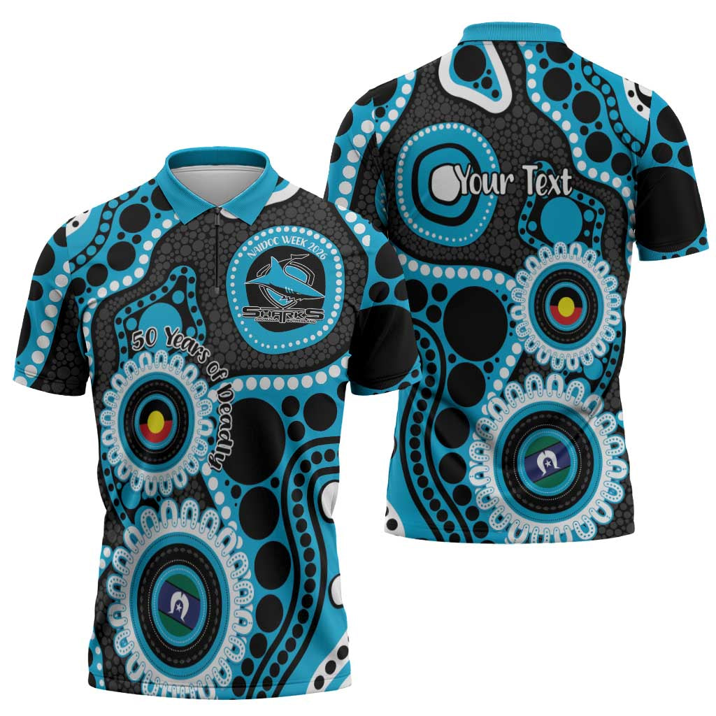 Sharks NAIDOC Week 2026 Personalised Zipper Polo Shirt 50 Years of Deadly Aboriginal Art