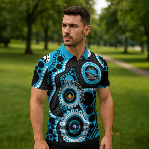 Sharks NAIDOC Week 2026 Personalised Zipper Polo Shirt 50 Years of Deadly Aboriginal Art