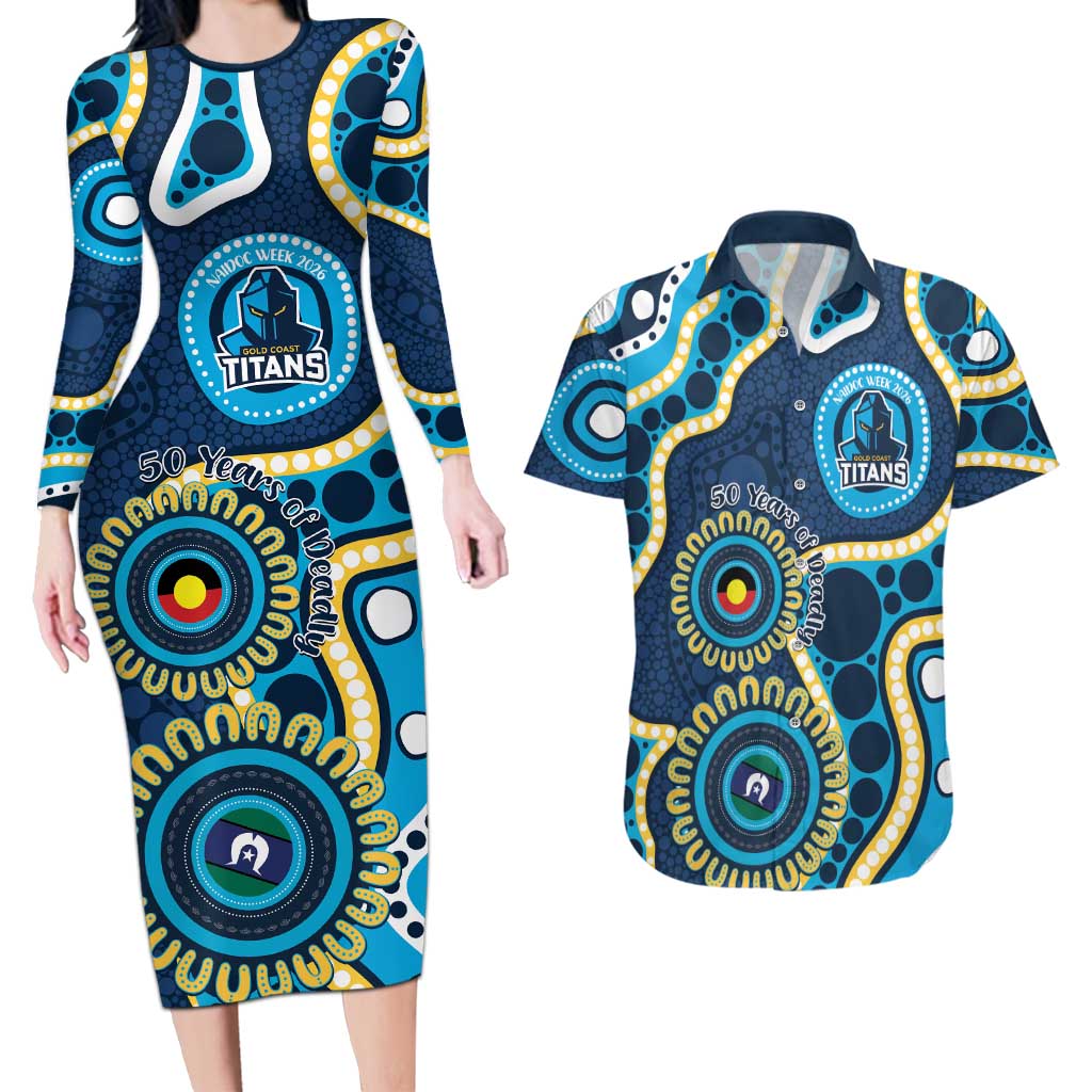 Titans NAIDOC Week 2026 Personalised Couples Matching Long Sleeve Bodycon Dress and Hawaiian Shirt 50 Years of Deadly Aboriginal Art