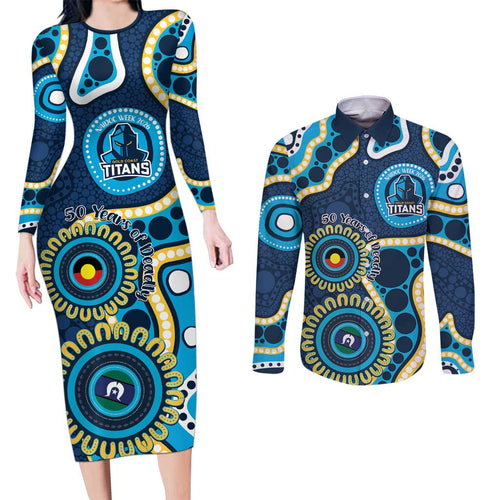 Titans NAIDOC Week 2026 Personalised Couples Matching Long Sleeve Bodycon Dress and Long Sleeve Button Shirt 50 Years of Deadly Aboriginal Art