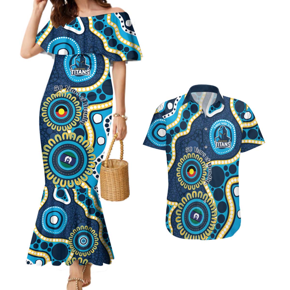 Titans NAIDOC Week 2026 Personalised Couples Matching Mermaid Dress and Hawaiian Shirt 50 Years of Deadly Aboriginal Art