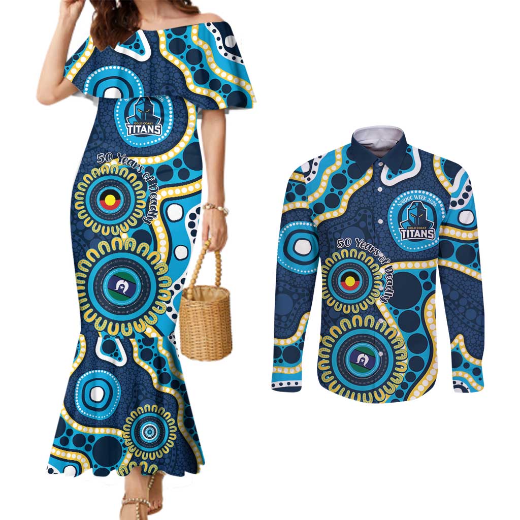 Titans NAIDOC Week 2026 Personalised Couples Matching Mermaid Dress and Long Sleeve Button Shirt 50 Years of Deadly Aboriginal Art