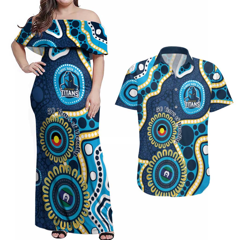 Titans NAIDOC Week 2026 Personalised Couples Matching Off Shoulder Maxi Dress and Hawaiian Shirt 50 Years of Deadly Aboriginal Art