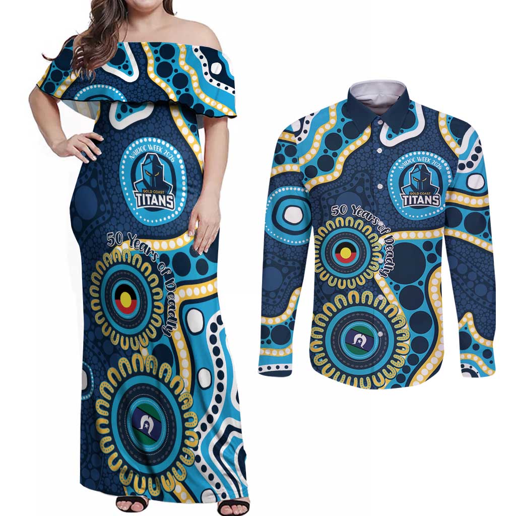 Titans NAIDOC Week 2026 Personalised Couples Matching Off Shoulder Maxi Dress and Long Sleeve Button Shirt 50 Years of Deadly Aboriginal Art