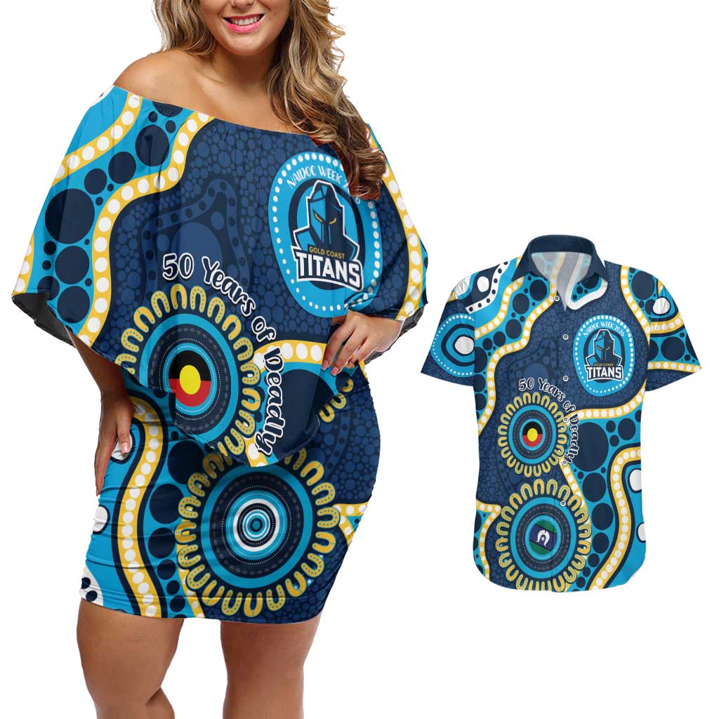 Titans NAIDOC Week 2026 Personalised Couples Matching Off Shoulder Short Dress and Hawaiian Shirt 50 Years of Deadly Aboriginal Art