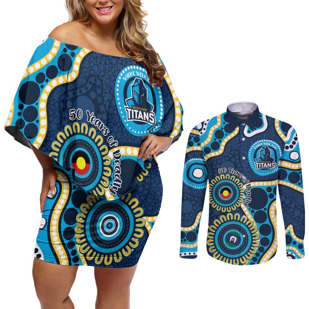 Titans NAIDOC Week 2026 Personalised Couples Matching Off Shoulder Short Dress and Long Sleeve Button Shirt 50 Years of Deadly Aboriginal Art