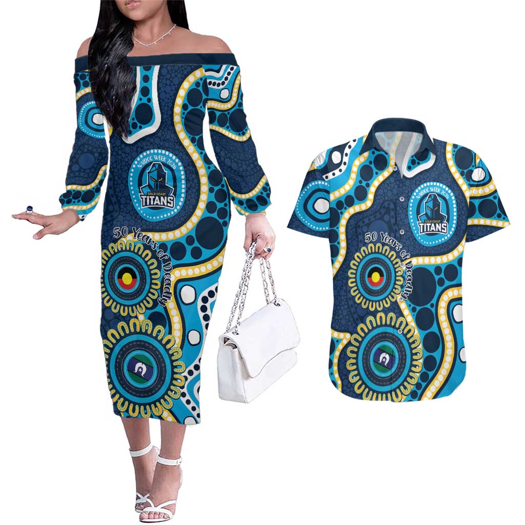 Titans NAIDOC Week 2026 Personalised Couples Matching Off The Shoulder Long Sleeve Dress and Hawaiian Shirt 50 Years of Deadly Aboriginal Art