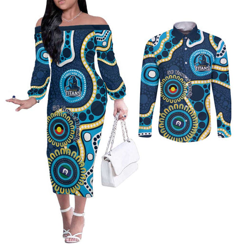 Titans NAIDOC Week 2026 Personalised Couples Matching Off The Shoulder Long Sleeve Dress and Long Sleeve Button Shirt 50 Years of Deadly Aboriginal Art