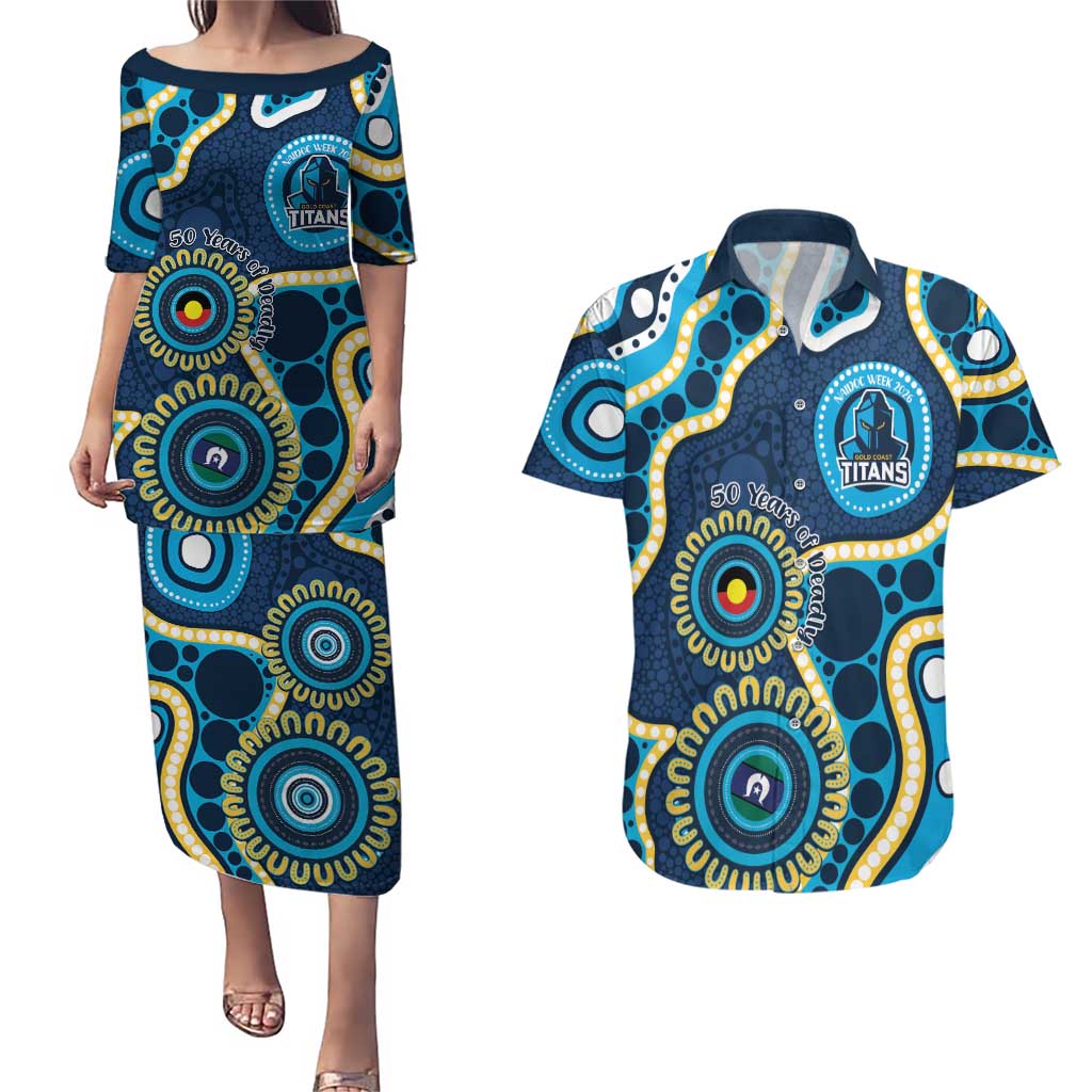 Titans NAIDOC Week 2026 Personalised Couples Matching Puletasi and Hawaiian Shirt 50 Years of Deadly Aboriginal Art