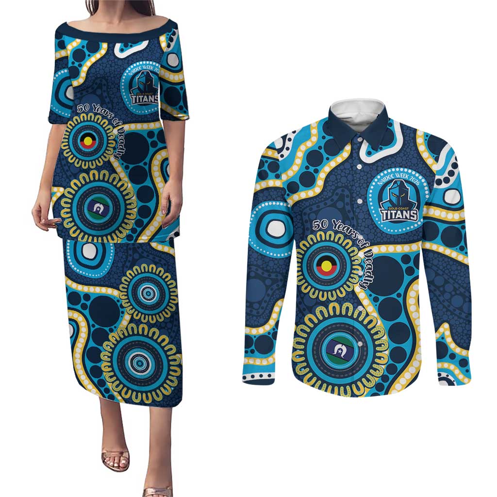 Titans NAIDOC Week 2026 Personalised Couples Matching Puletasi and Long Sleeve Button Shirt 50 Years of Deadly Aboriginal Art