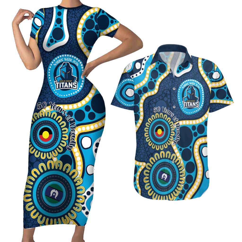 Titans NAIDOC Week 2026 Personalised Couples Matching Short Sleeve Bodycon Dress and Hawaiian Shirt 50 Years of Deadly Aboriginal Art