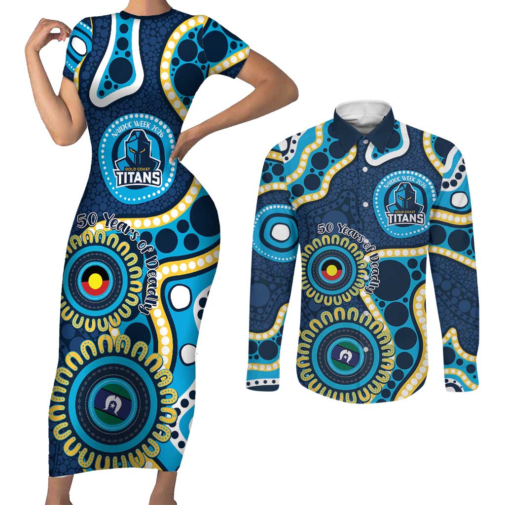 Titans NAIDOC Week 2026 Personalised Couples Matching Short Sleeve Bodycon Dress and Long Sleeve Button Shirt 50 Years of Deadly Aboriginal Art